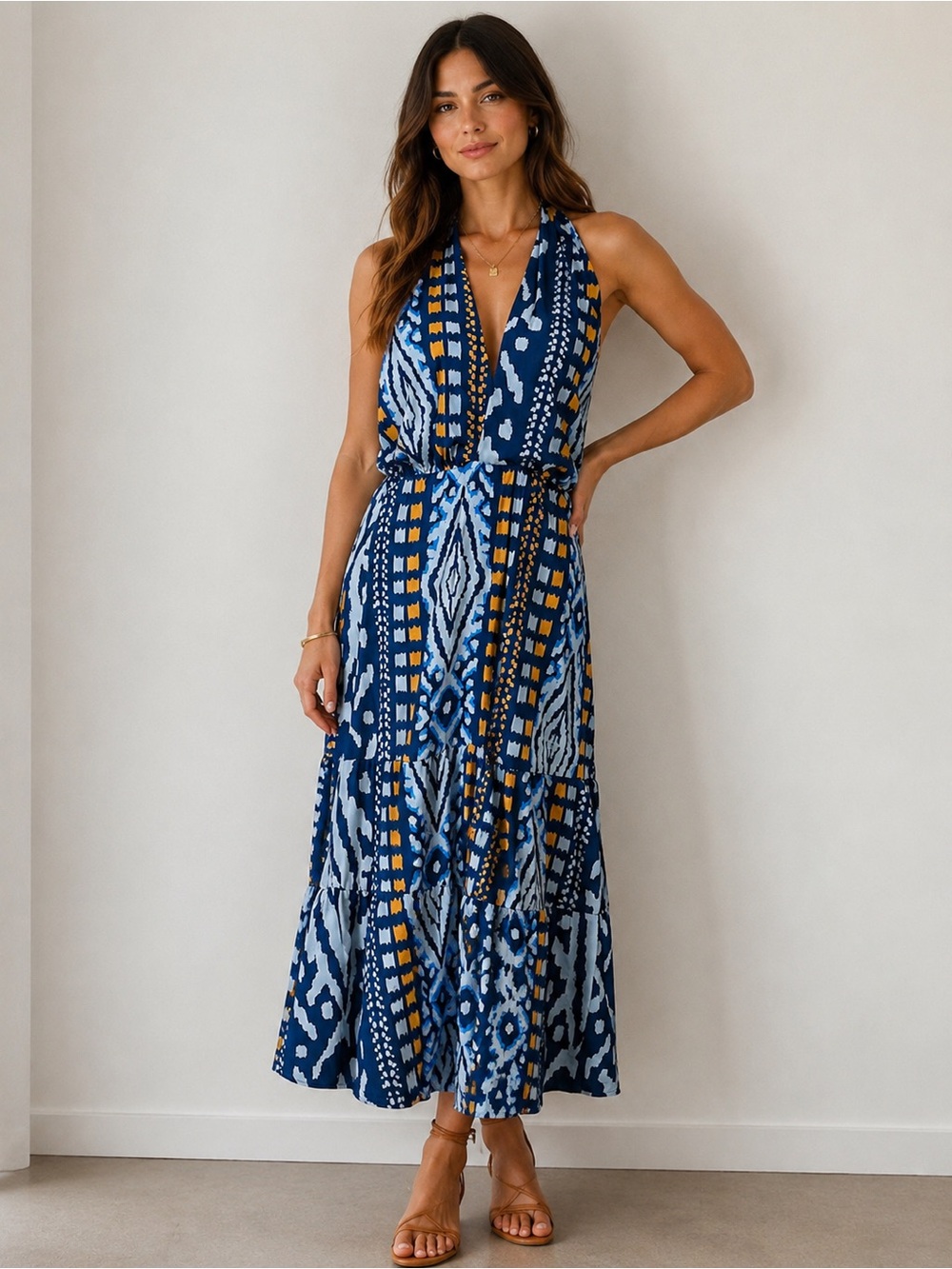 Encantadore Boho Halter Dress Abstract Print Tiered Resort Vacation cottage sz L
